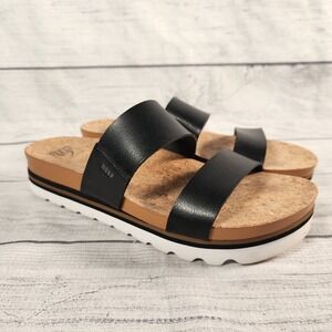 Reef Cushion Vista Hi Women's 10 Black Vegan Leather Cork Platform Slide Sandals